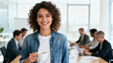 Portrait of smiling young businesswoman holding cup of coffee in officeの素材