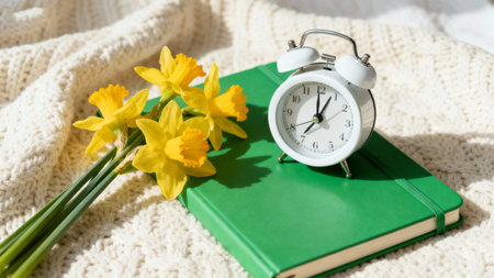 Alarm clock, books and daffodils on knitted backgroundの素材