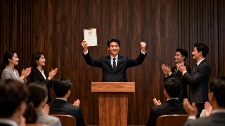 Businessman giving a speech in the conference hall. Audience at the conference hall.の素材