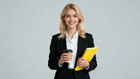 Portrait of smiling businesswoman holding notepad and coffee cup, looking at camera, standing isolated over gray backgroundの素材