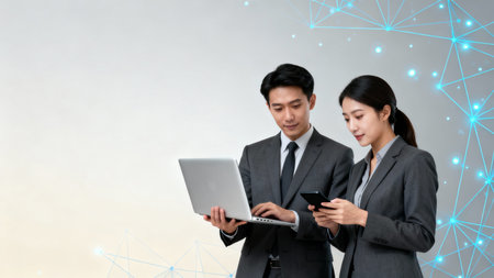 Business people using a laptop and mobile phone with network connection background.の素材