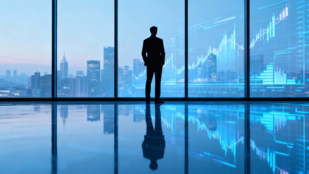 businessman standing in front of the window with cityscape and forex graphの素材