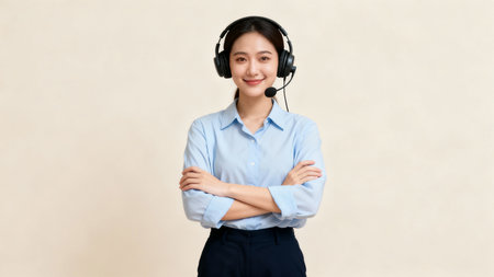 Portrait of a young asian business woman with headset standing with arms crossedの素材