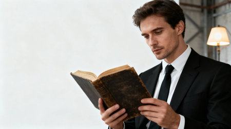 Image of a handsome young business man indoors at home reading book.の素材