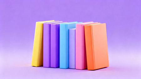 Stack of colorful books on purple background. 3d render illustration.の素材