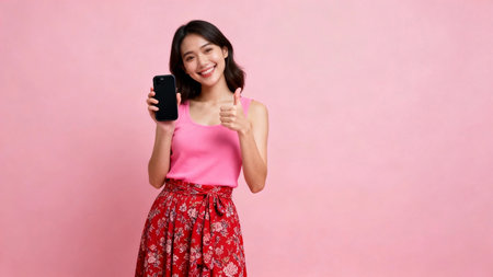 Young Asian woman show thumbs up with mobile phone on pink background.の素材