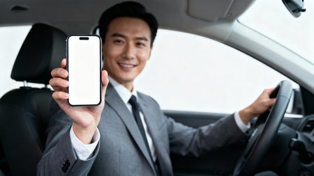 Businessman showing smartphone with blank screen in car. Business concept.の素材