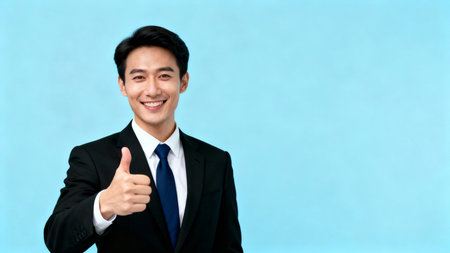 Young Asian business man showing thumbs up on blue background with copy spaceの素材