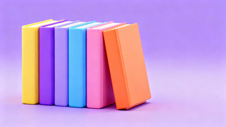 Stack of colorful books on a purple background. 3d illustration.の素材