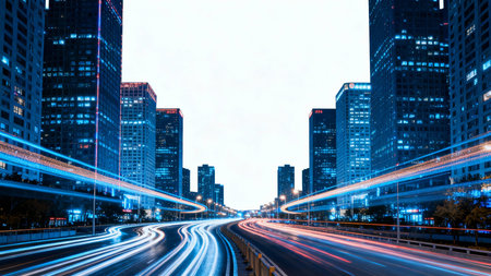 light trails on the modern building background in shanghai china.の素材