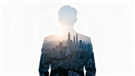 Silhouette of businessman looking at modern cityscape. Double exposureの素材