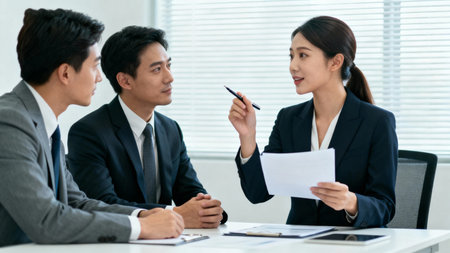 Business people discussing the charts and graphs showing the results of their successful teamworkの素材