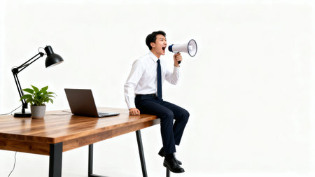 Businessman shouting through a megaphone while sitting at his deskの素材