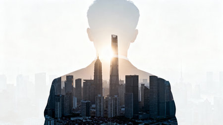 Silhouette of businessman on abstract city background with sunlight. Double exposureの素材