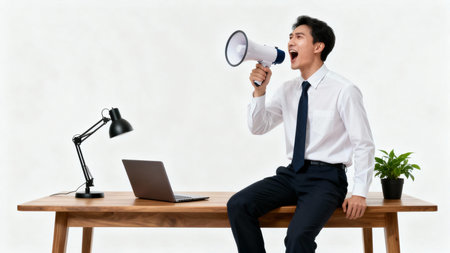 Young Asian businessman shouting through a megaphone while sitting at the desk.の素材