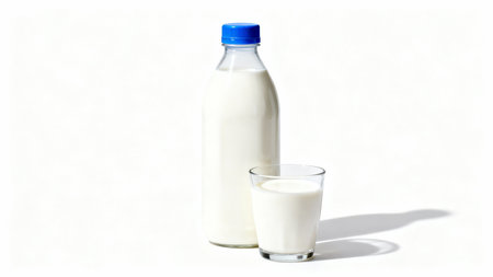 Milk in a glass and bottle on a white background with shadowの素材