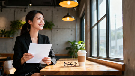 Portrait of smiling businesswoman reading document while sitting in coffee shopの素材