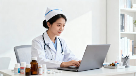 asian female doctor working with laptop computer at office. medical and healthcare conceptの素材