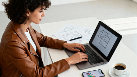 Image of concentrated young african woman architect using laptop computer while working in office.の素材