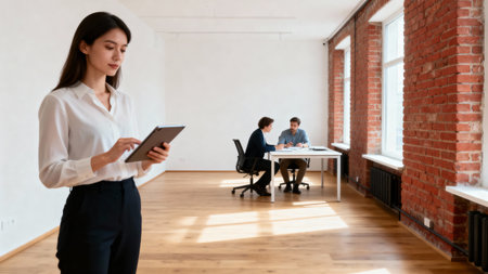 Portrait of a young businesswoman using a digital tablet while standing in the officeの素材