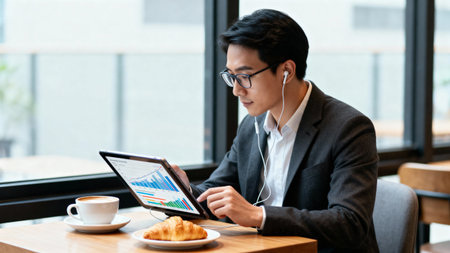 Young Asian businessman using tablet computer and listening to music in coffee shop.の素材