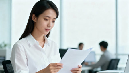 Young asian businesswoman reading document at workplace in office. Business concept.の素材
