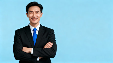 Portrait of a smiling young asian business man on blue backgroundの素材