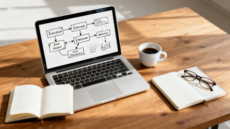 Business plan concept shown on a laptop screen placed on a wooden tableの素材