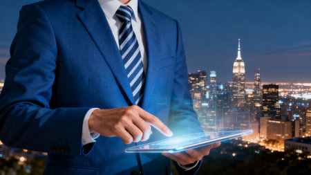 Double exposure of Businessman using tablet with New York cityscape backgroundの素材