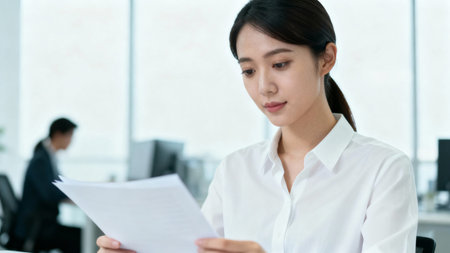 Businesswoman reading document in office. Young Asian businesswoman checking financial report.の素材