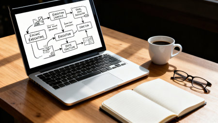 Business plan concept shown on a laptop screen placed on a wooden deskの素材