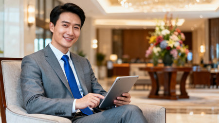 Smiling asian businessman using tablet computer in lobby of hotel.の素材