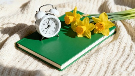 Vintage alarm clock and daffodils on book, close upの素材