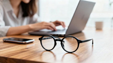 Closeup of eyeglasses and laptop on wooden table with copy spaceの素材