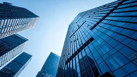 Low angle view of modern skyscrapers in Hongkongの素材