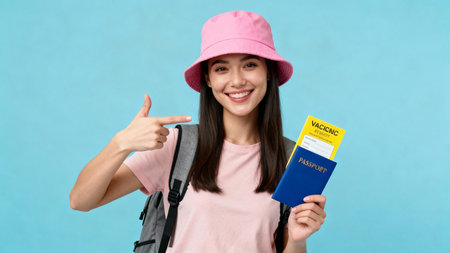 Smiling young asian woman in pink hat and backpack holding passport with boarding pass isolated on blue backgroundの素材