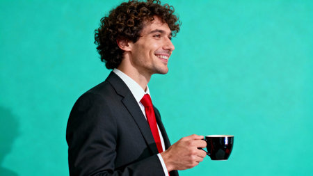 Portrait of a young businessman with a cup of coffee on a green backgroundの素材