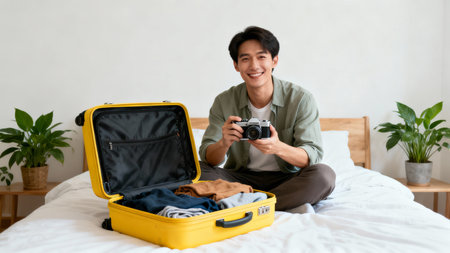 smiling asian man packing suitcase and looking at camera on bedの素材