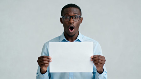 Shocked african american man holding blank sheet of paper.の素材