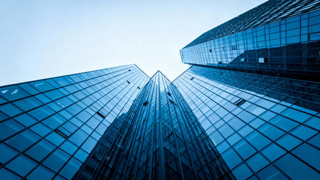 Low angle view of modern skyscrapers in Hongkongの素材