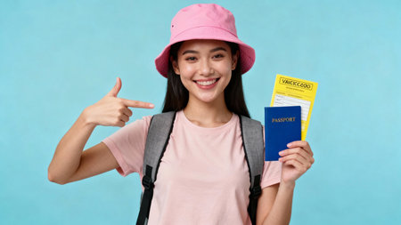Smiling young asian woman wearing pink hat and backpack holding passport with boarding pass isolated over blue backgroundの素材