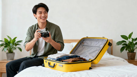 young asian man sitting on bed with suitcase and looking at cameraの素材