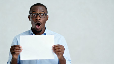 Shocked african american man holding a blank sheet of paperの素材