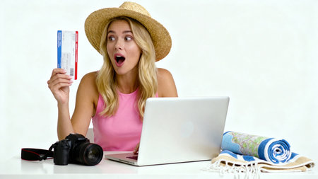 surprised young woman in straw hat with laptop and credit cardの素材