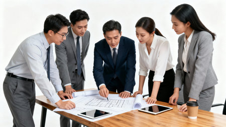 Group of business people discussing construction plans in meeting room at office.の素材