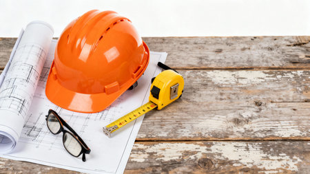 Orange hard hat, glasses, tape measure and blueprint on wooden tableの素材