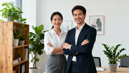 Portrait of young Asian businessman and businesswoman standing in office.の素材