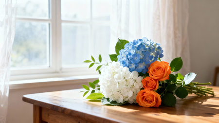 Bouquet of blue and orange hydrangeas on a wooden tableの素材