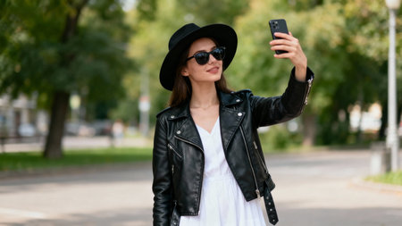 Portrait of a beautiful young woman in a black hat and sunglasses taking a selfie on a smartphone.の素材