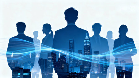 Silhouettes of business people and night city background. Teamwork conceptの素材